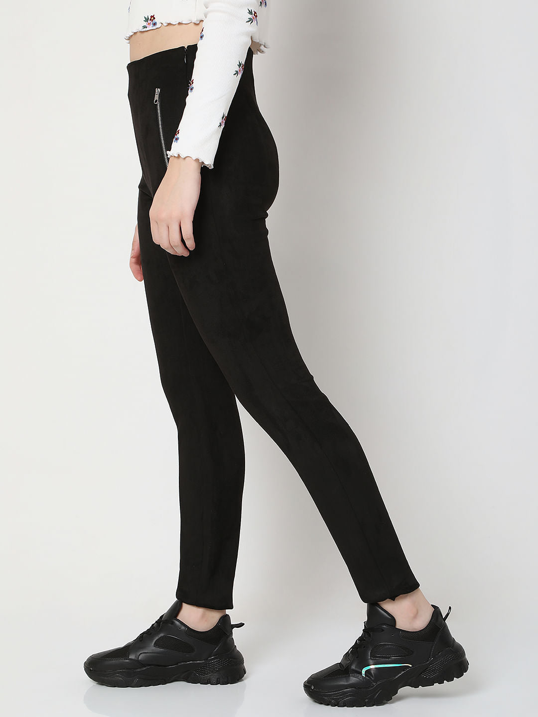 Black High Rise Suede Skinny Leggings