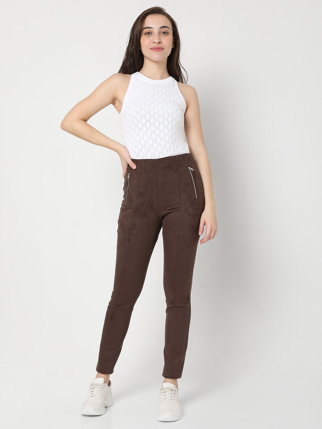 Brown High Rise Suede Skinny Leggings
