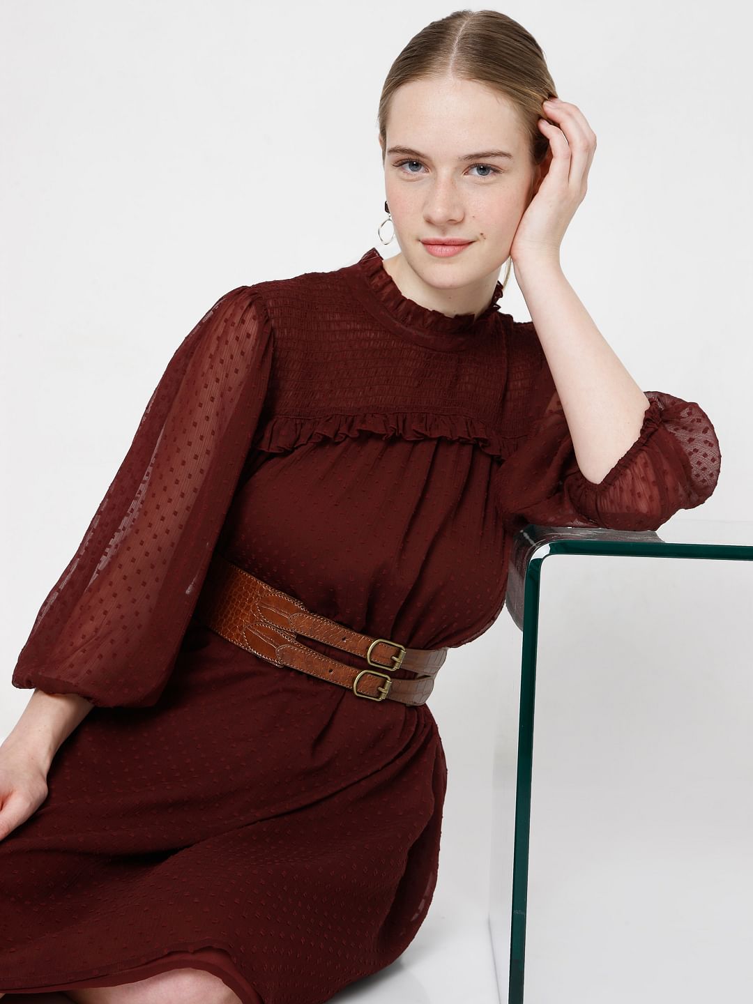 Maroon Shift Dobby Dress