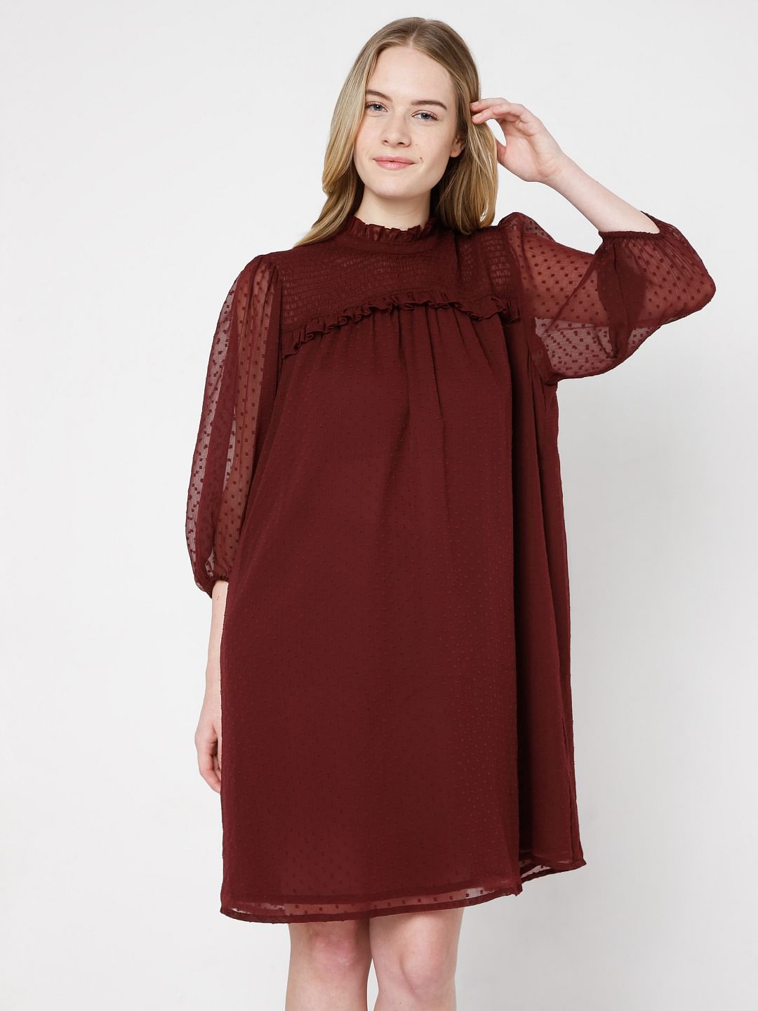 Maroon Shift Dobby Dress