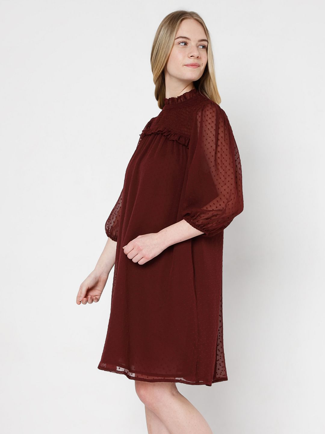 Maroon Shift Dobby Dress