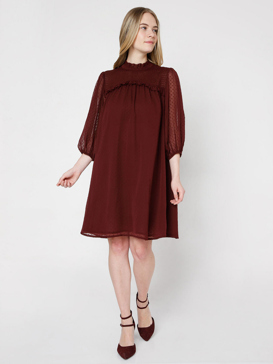 Maroon Shift Dobby Dress