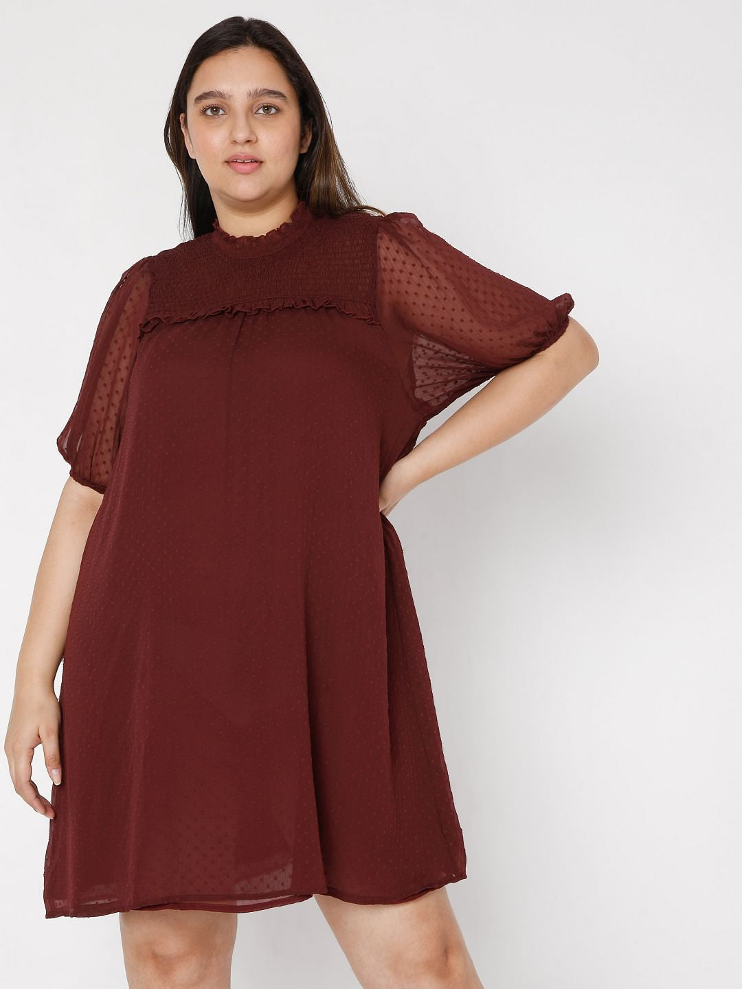 Curve Maroon Dobby Shift Dress