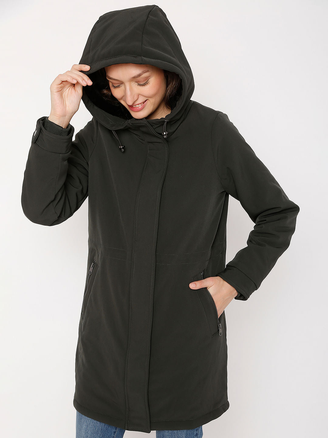 Dark Green Hooded Long Jacket