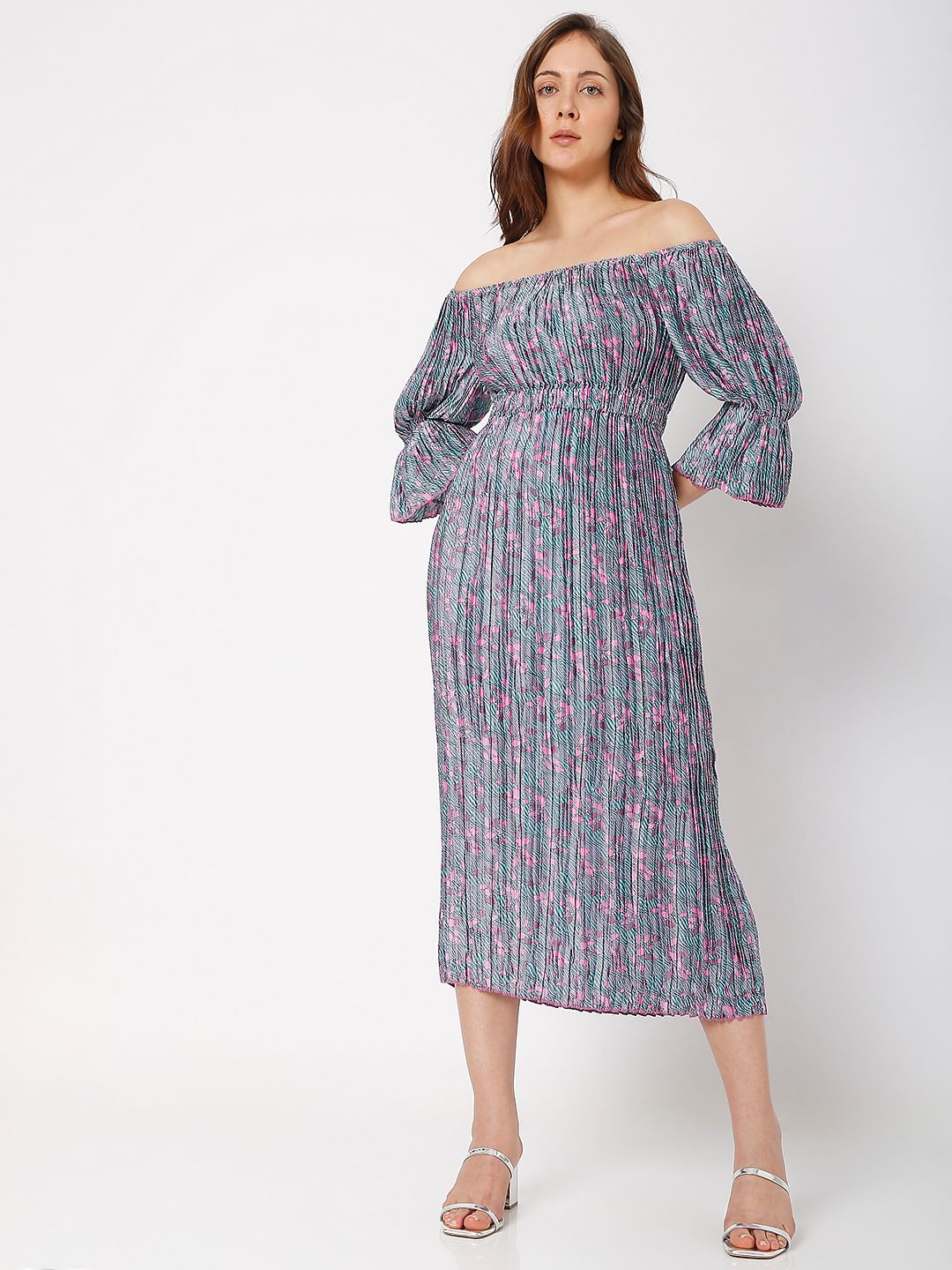 Pink Floral Off-Shoulder Satin Dress