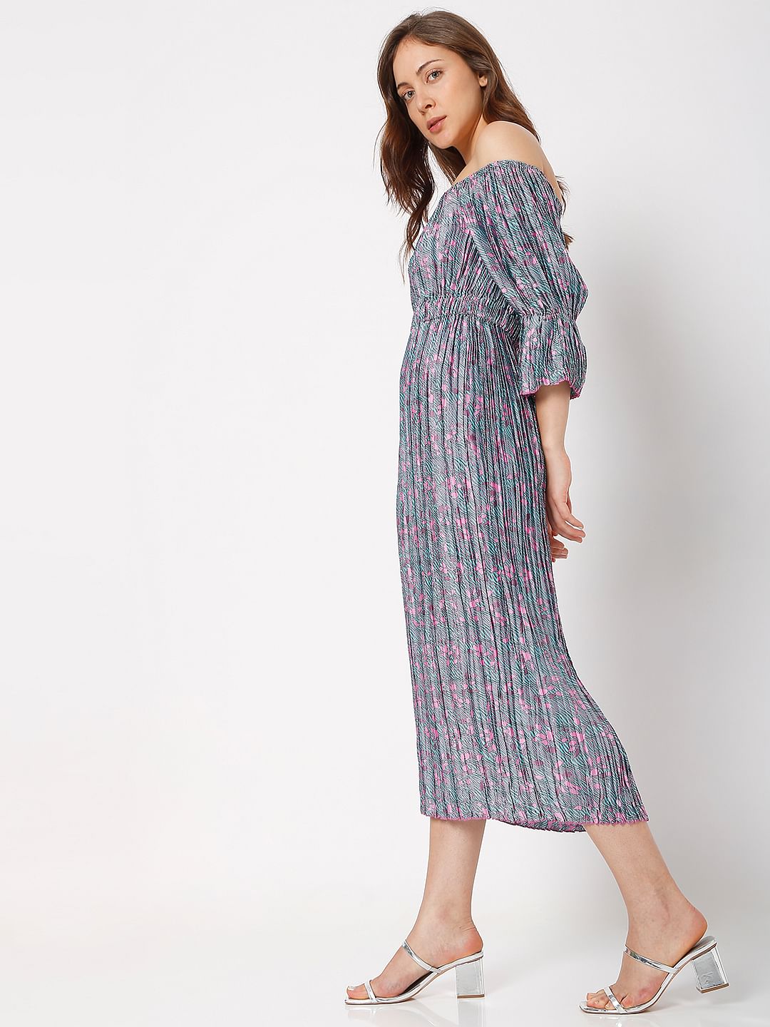 Pink Floral Off-Shoulder Satin Dress