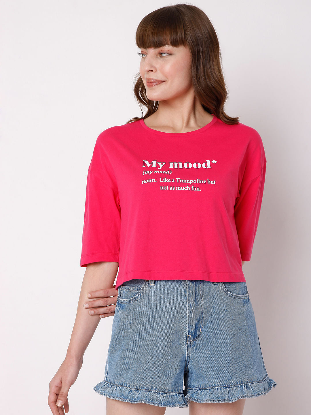 Fuchsia Slogan Print Cropped T-Shirt
