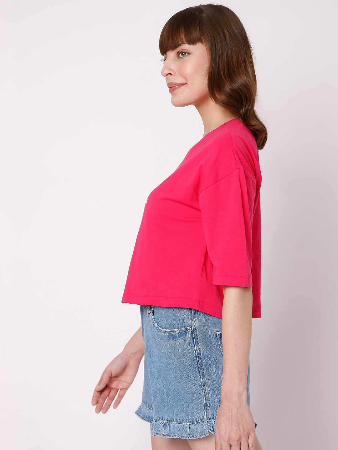Fuchsia Slogan Print Cropped T-Shirt