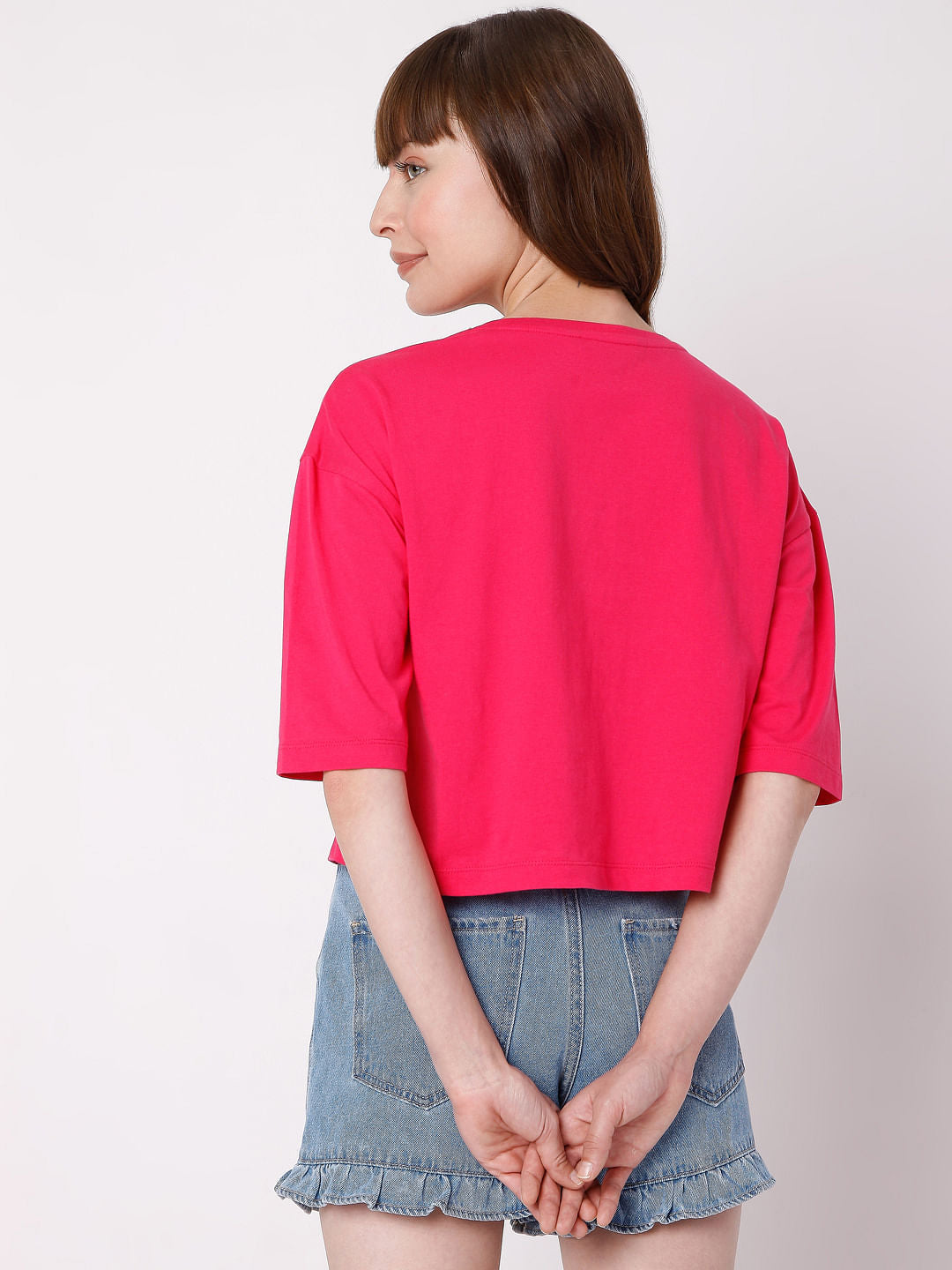 Fuchsia Slogan Print Cropped T-Shirt
