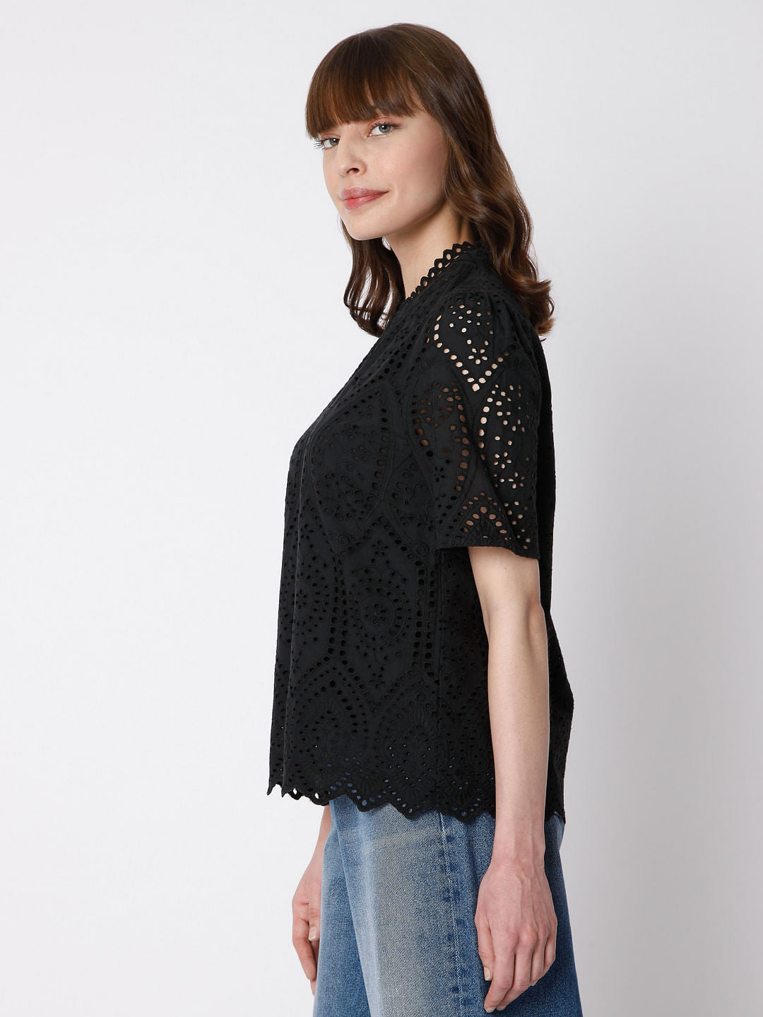 Black Schiffli Embroidered Top
