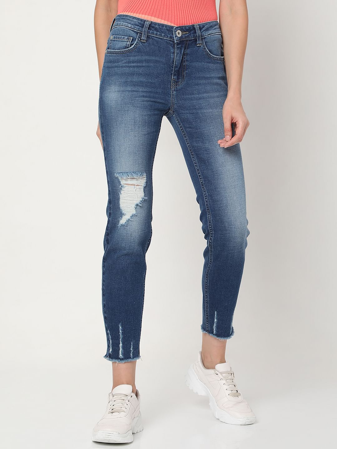 Blue Mid Rise Distressed Wendy Skinny Jeans