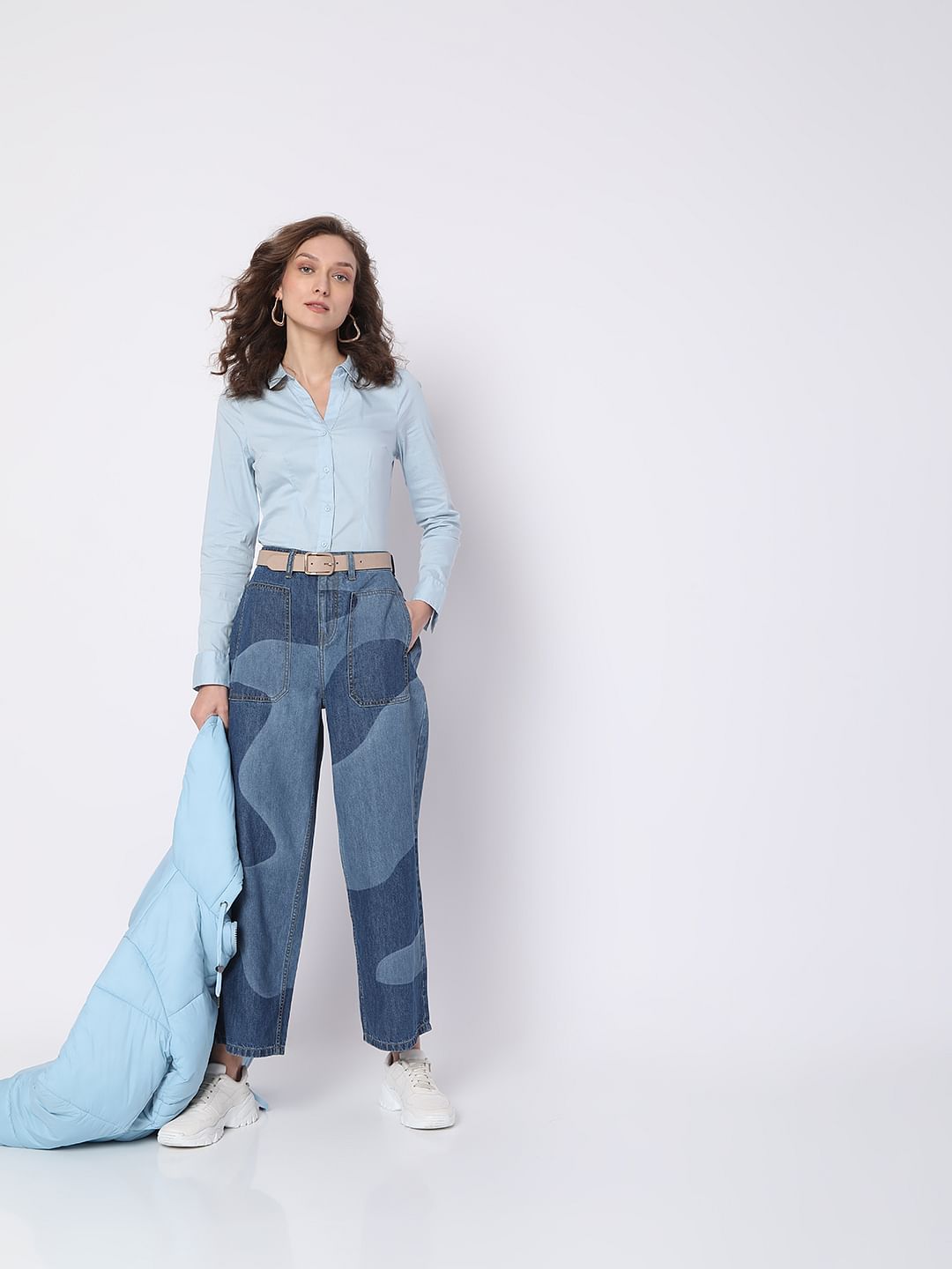Blue High Rise Printed Wide Leg Jeans