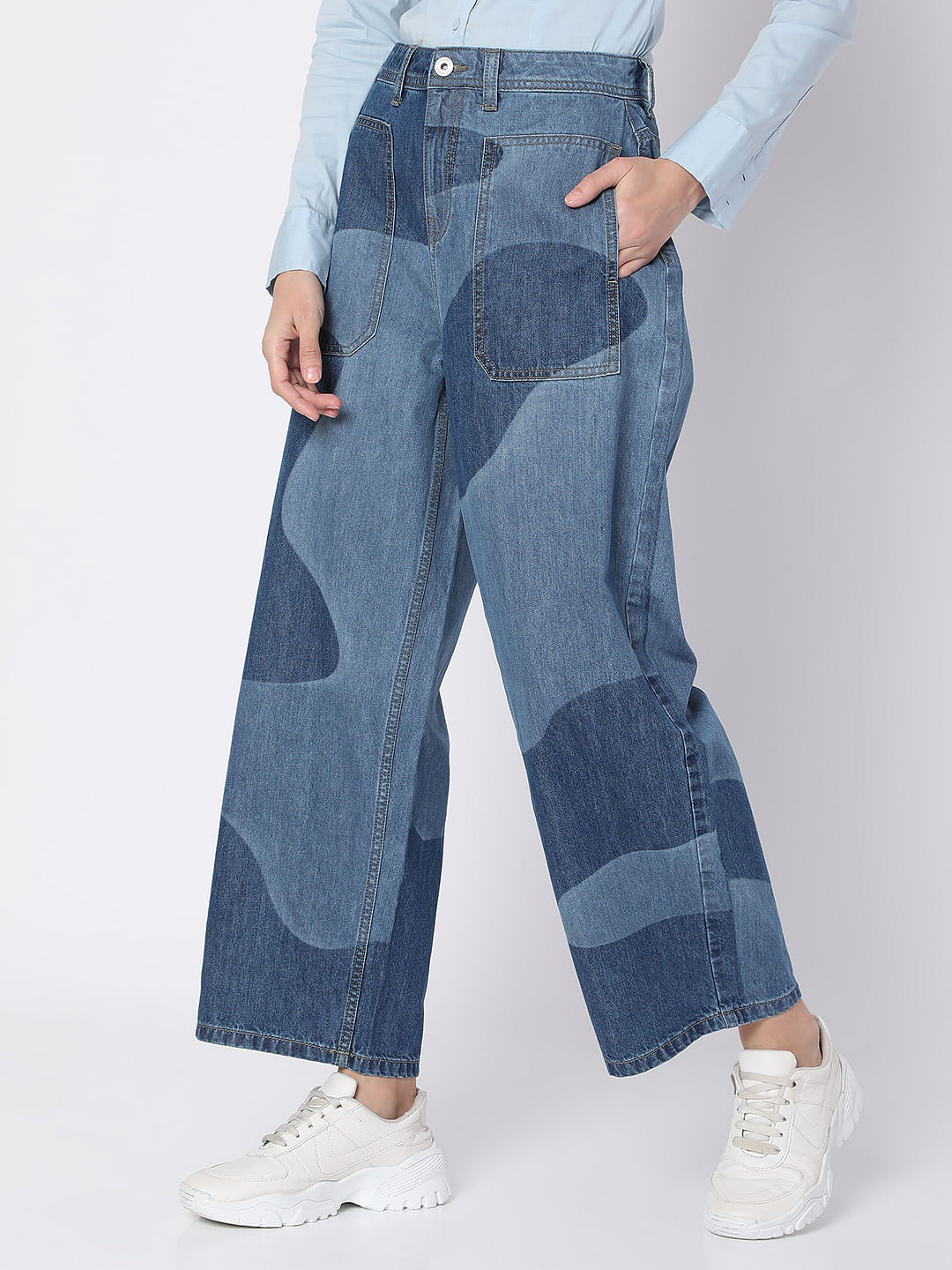 Blue High Rise Printed Wide Leg Jeans