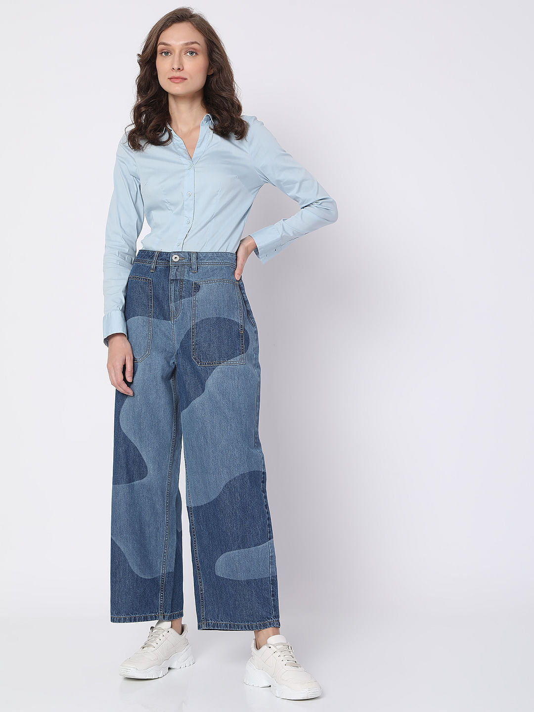 Blue High Rise Printed Wide Leg Jeans