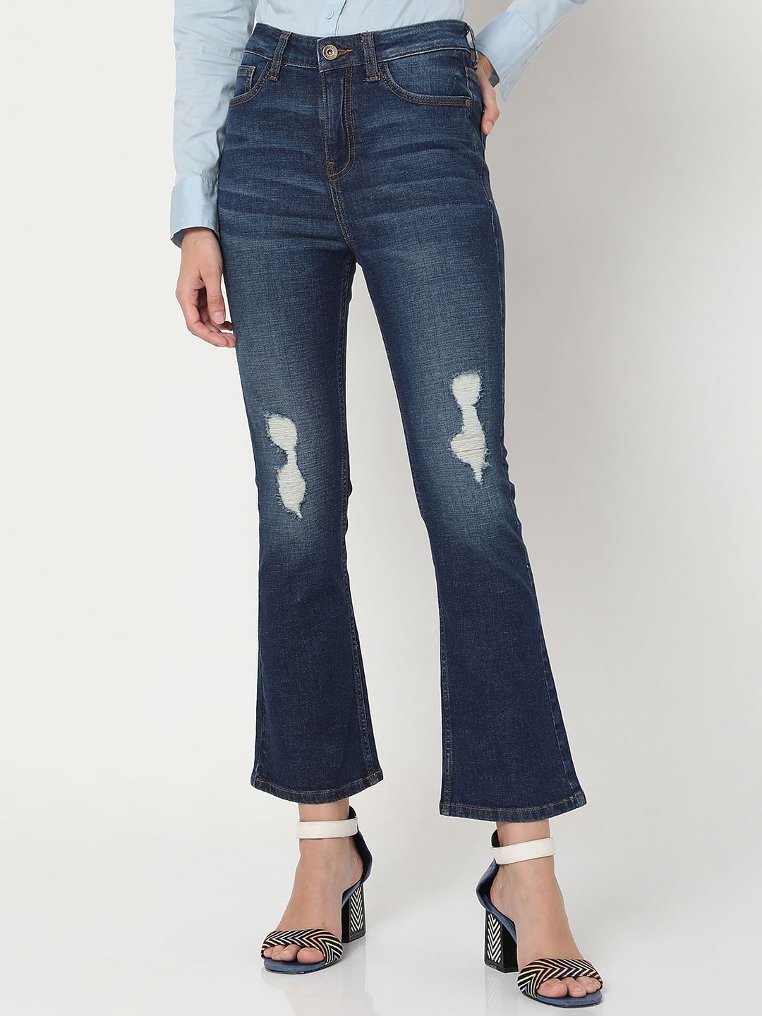 Blue Mid Rise Distressed Petra Bootcut Jeans