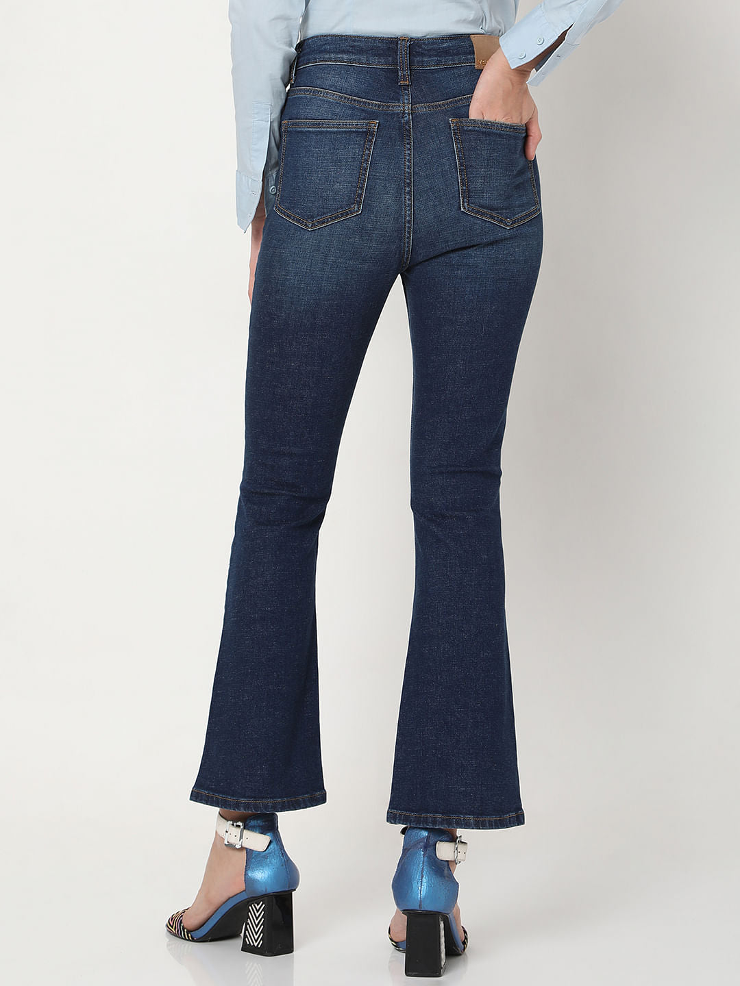 Blue Mid Rise Distressed Petra Bootcut Jeans