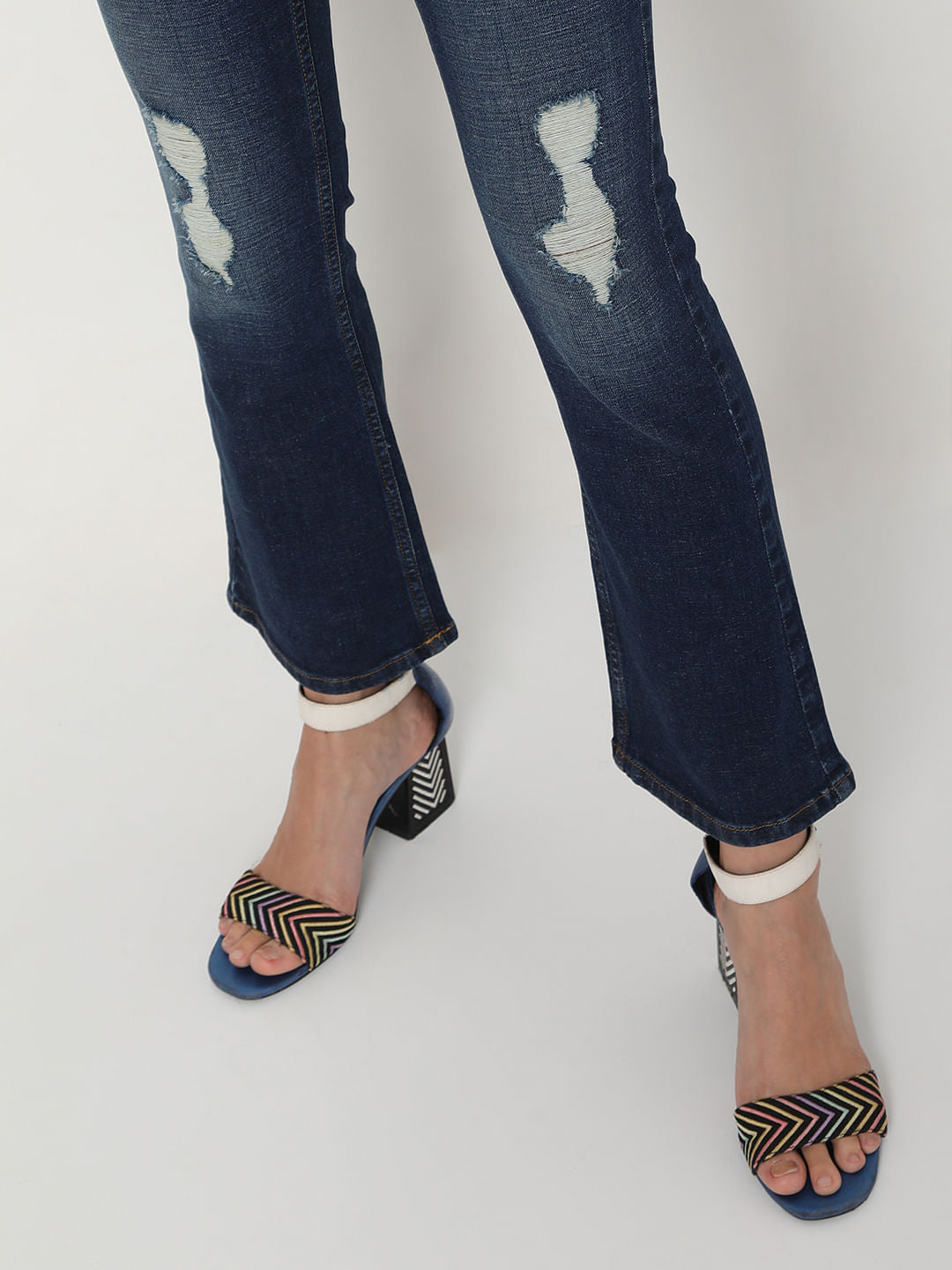 Blue Mid Rise Distressed Petra Bootcut Jeans