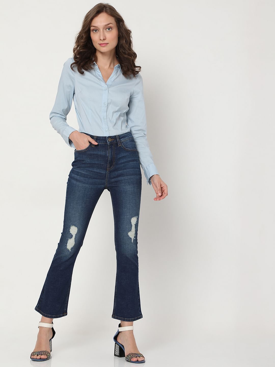 Blue Mid Rise Distressed Petra Bootcut Jeans