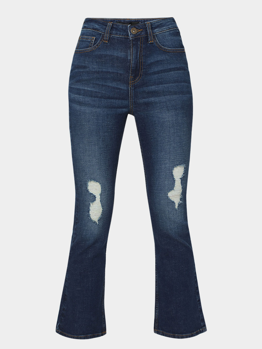 Blue Mid Rise Distressed Petra Bootcut Jeans