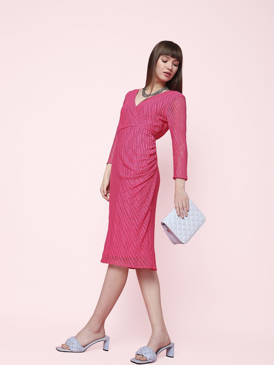 vero moda pink lace dress Pink Lace Wrap Midi Dress