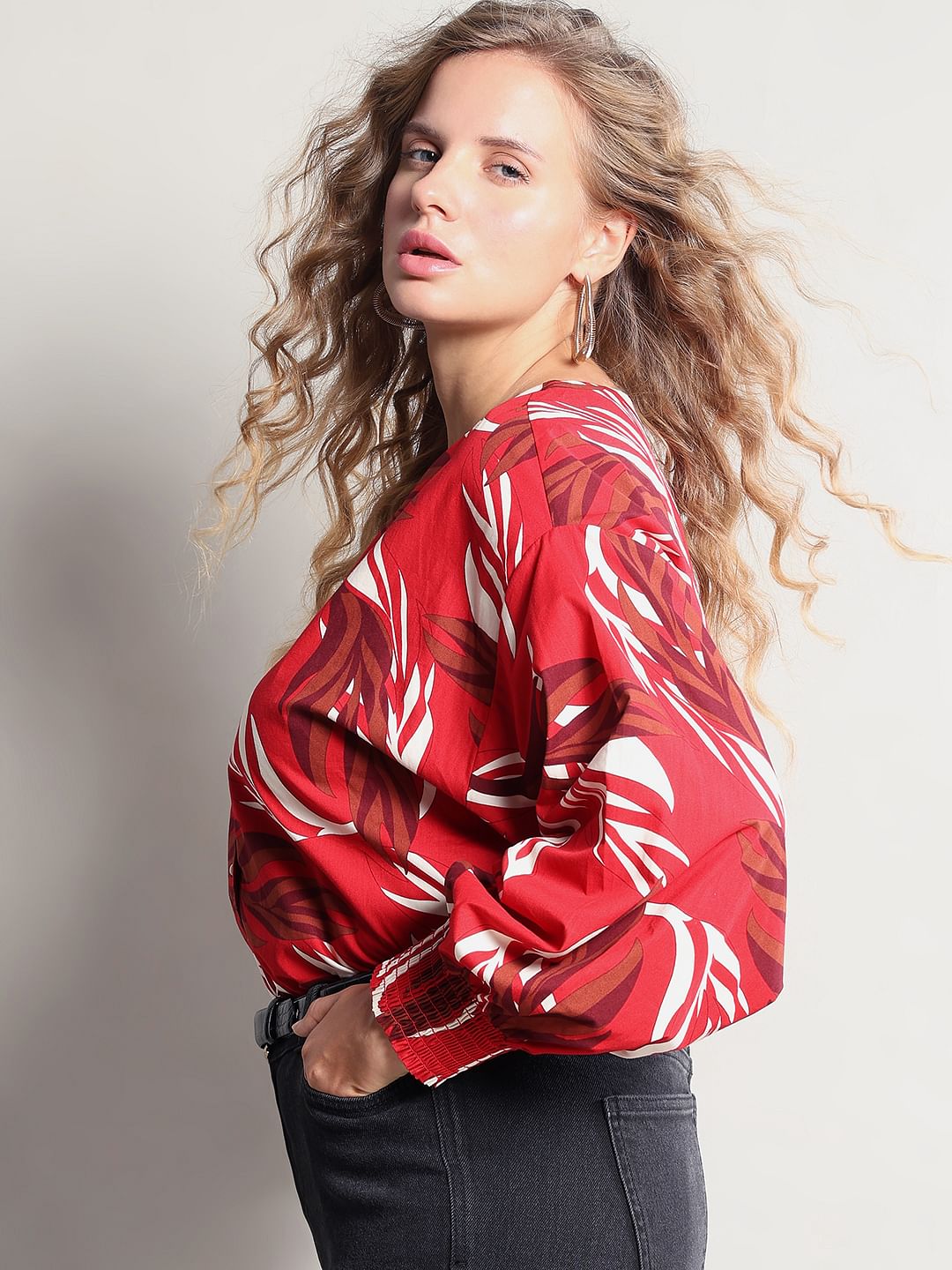 Curve Red Leafy Printed Top