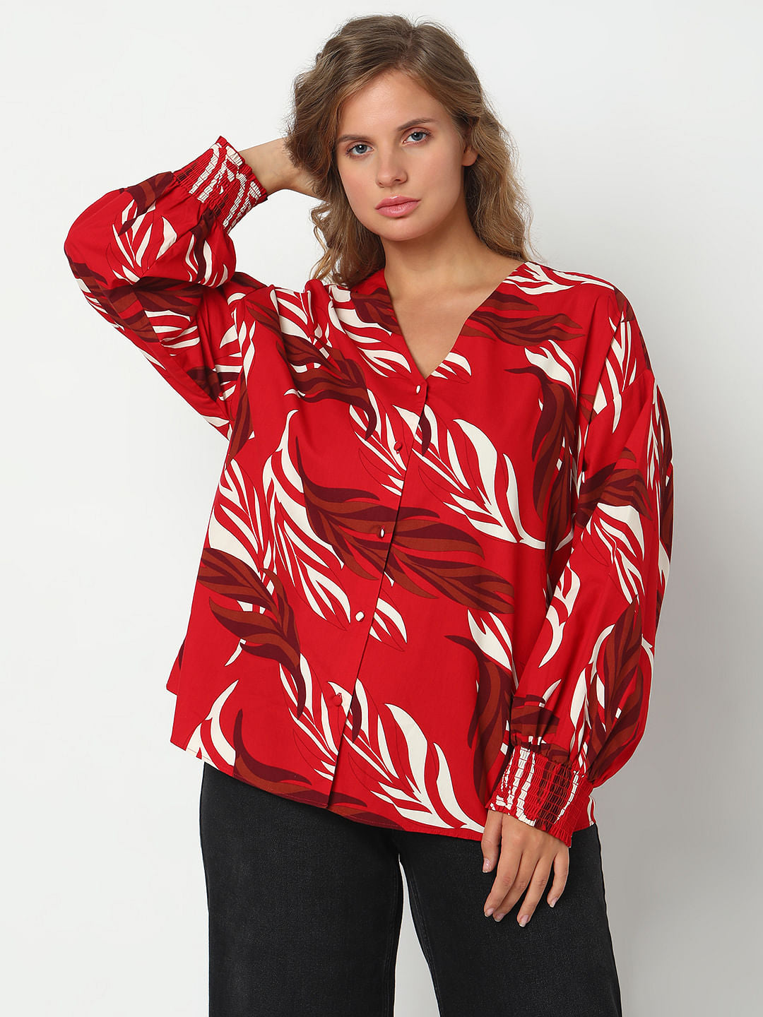 Curve Red Leafy Printed Top