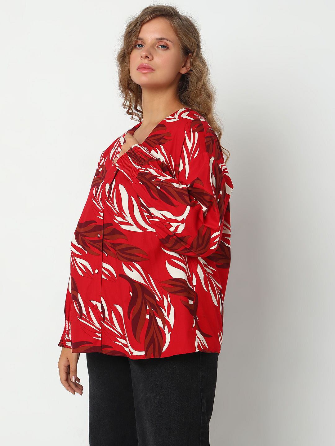 Curve Red Leafy Printed Top