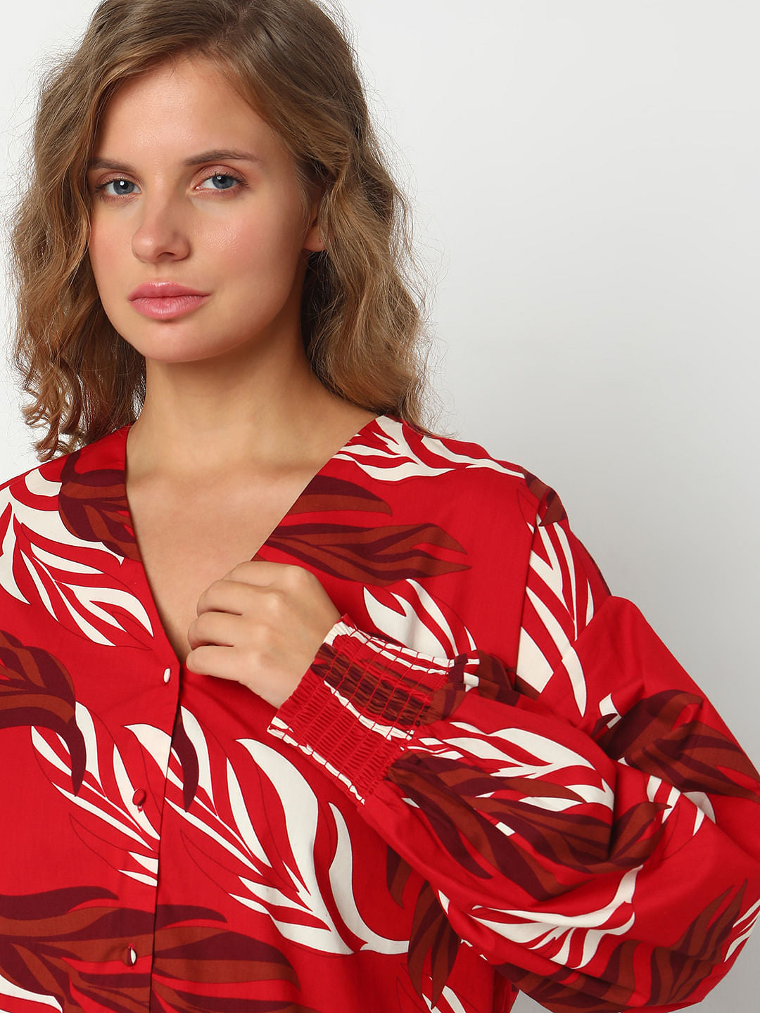 Curve Red Leafy Printed Top