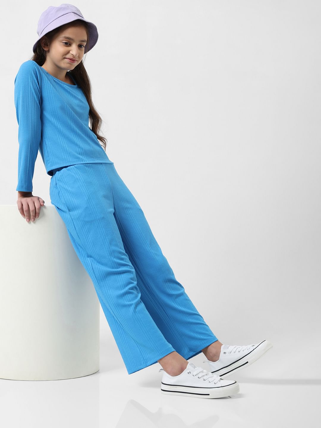 Girl Blue Mid Rise Ribbed Pants