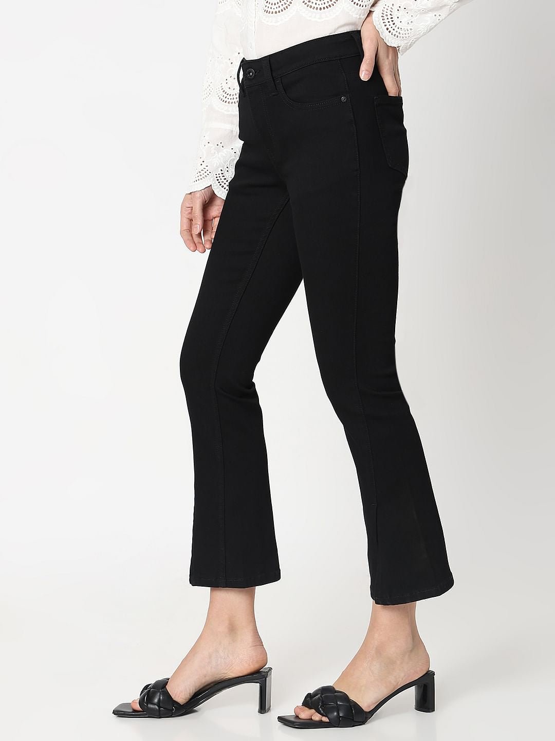 Black Mid Rise Cropped Petra Bootcut Jeans