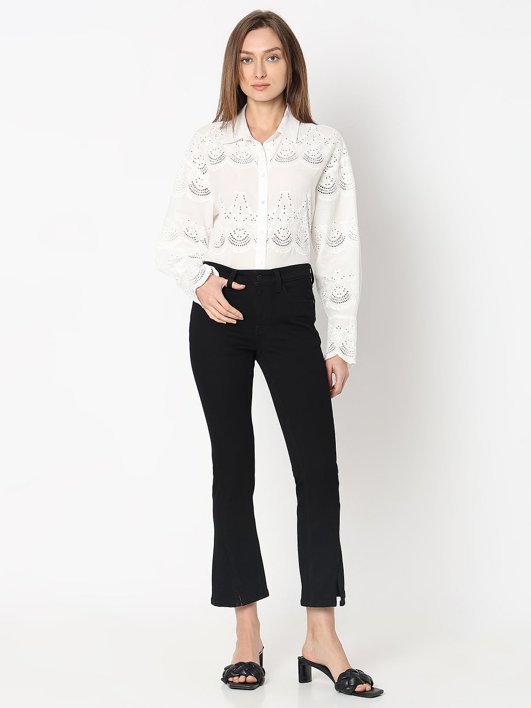 Black Mid Rise Cropped Petra Bootcut Jeans
