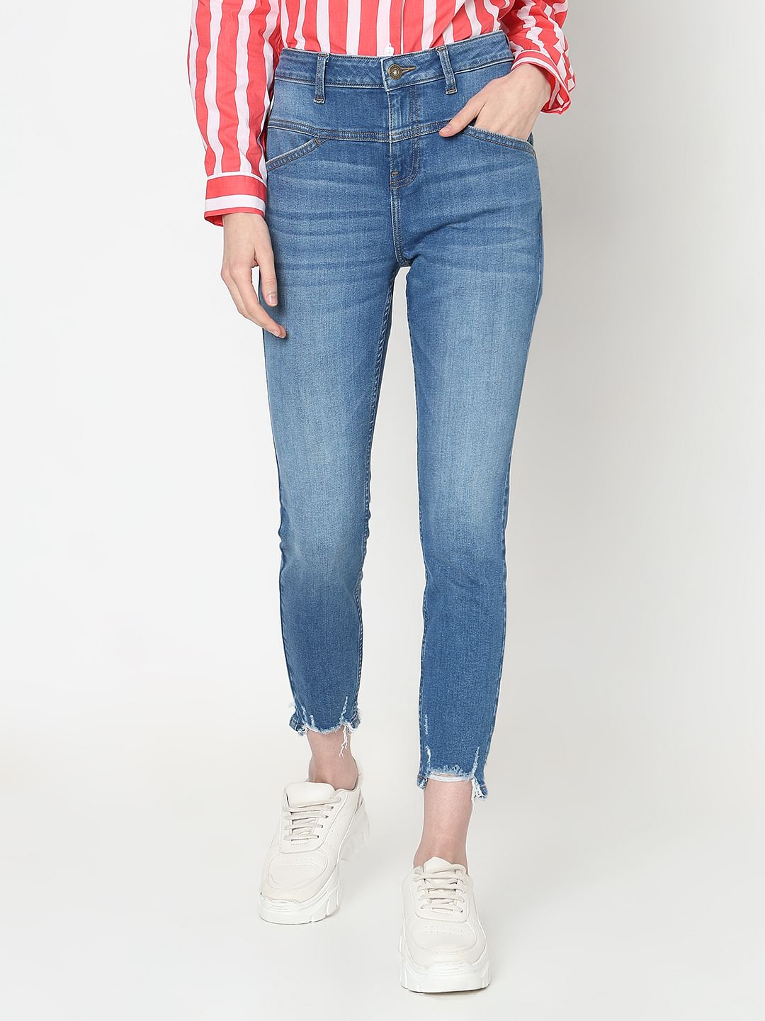 Blue High Rise Frayed Hem Wendy Skinny Jeans