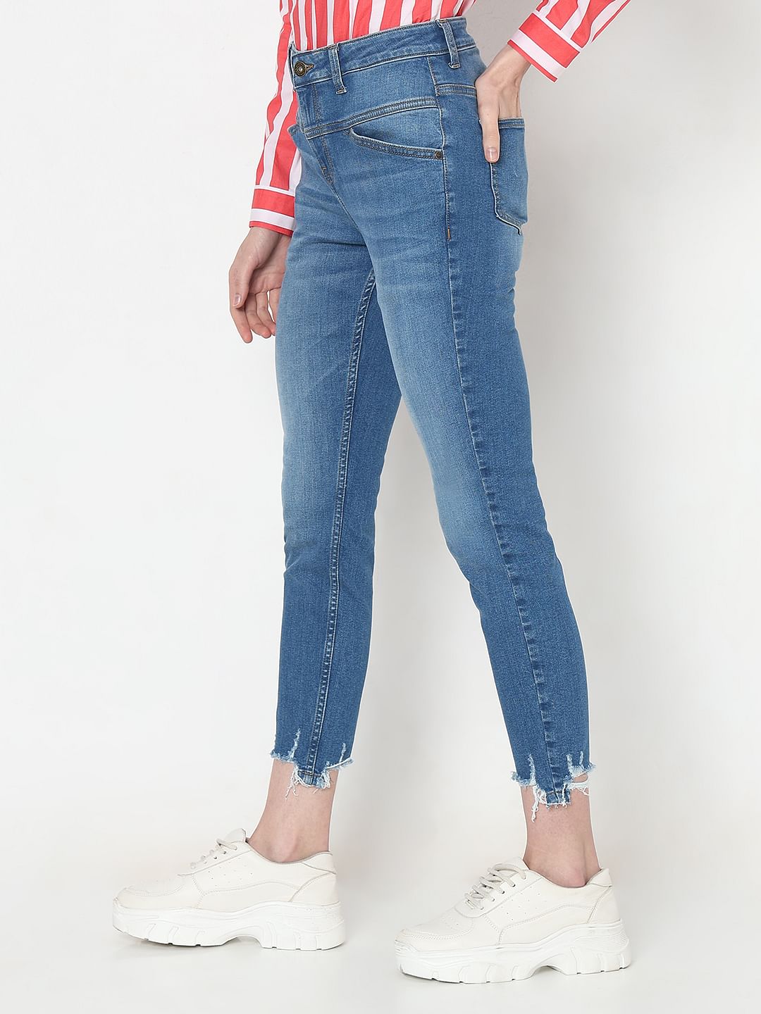 Blue High Rise Frayed Hem Wendy Skinny Jeans