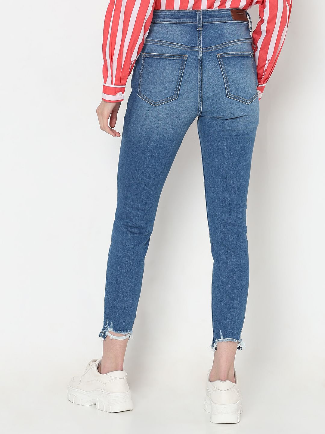 Blue High Rise Frayed Hem Wendy Skinny Jeans