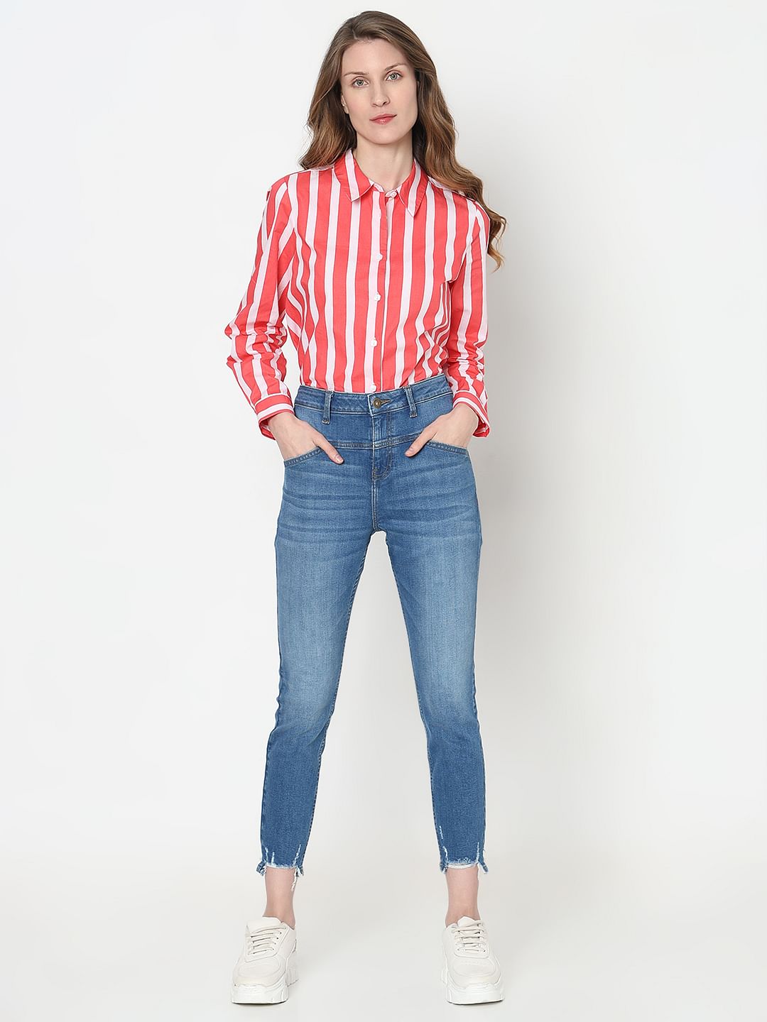 Blue High Rise Frayed Hem Wendy Skinny Jeans