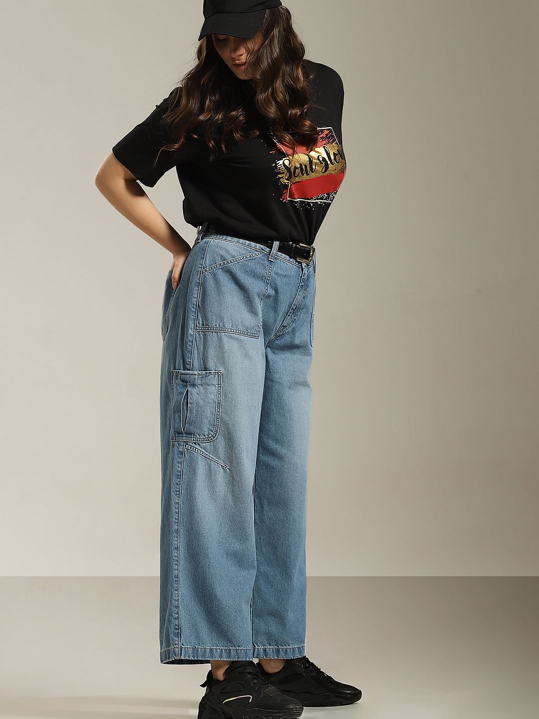 Curve Blue High Rise Cargo Wide Leg Jeans