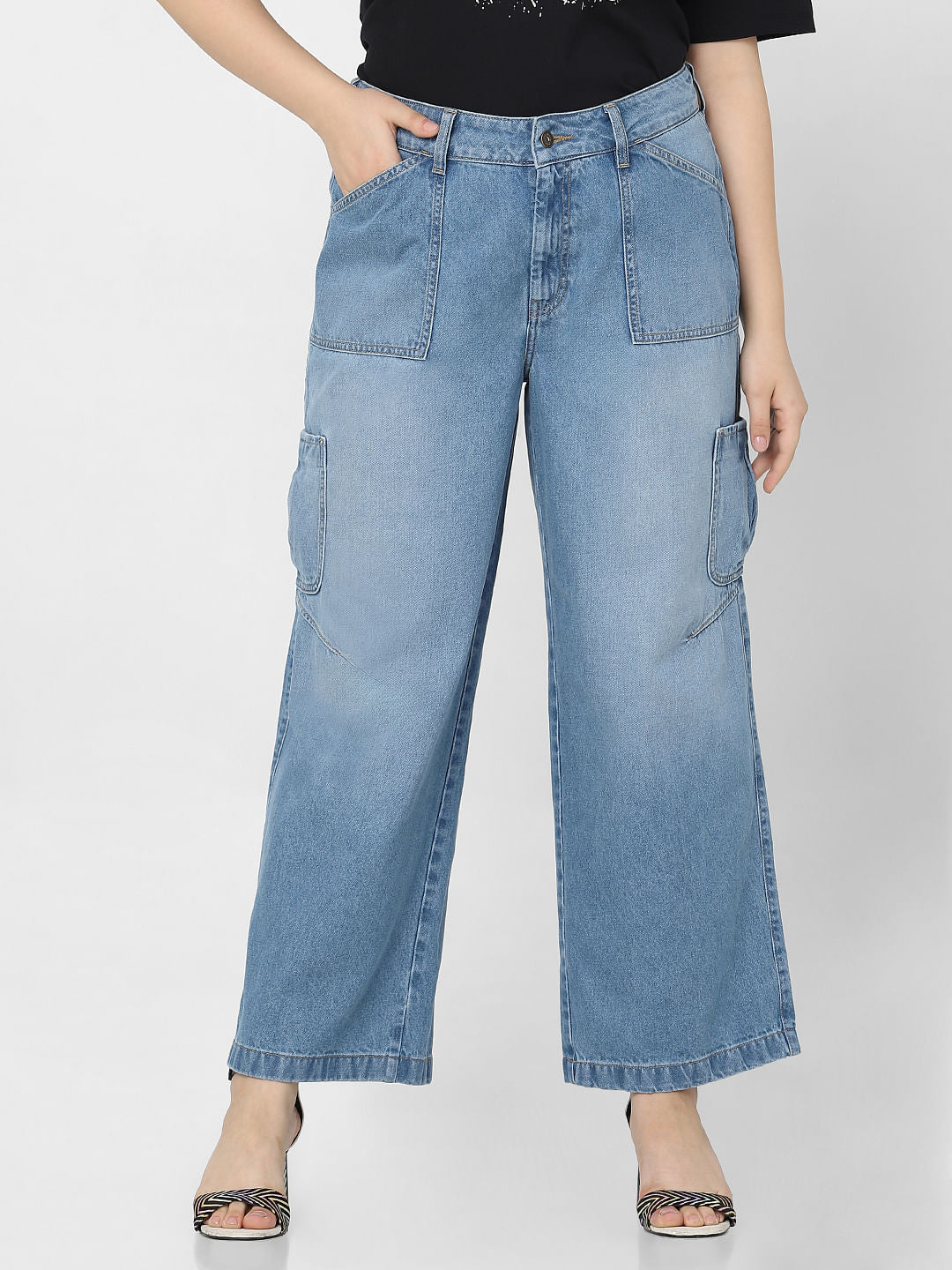 Curve Blue High Rise Cargo Wide Leg Jeans