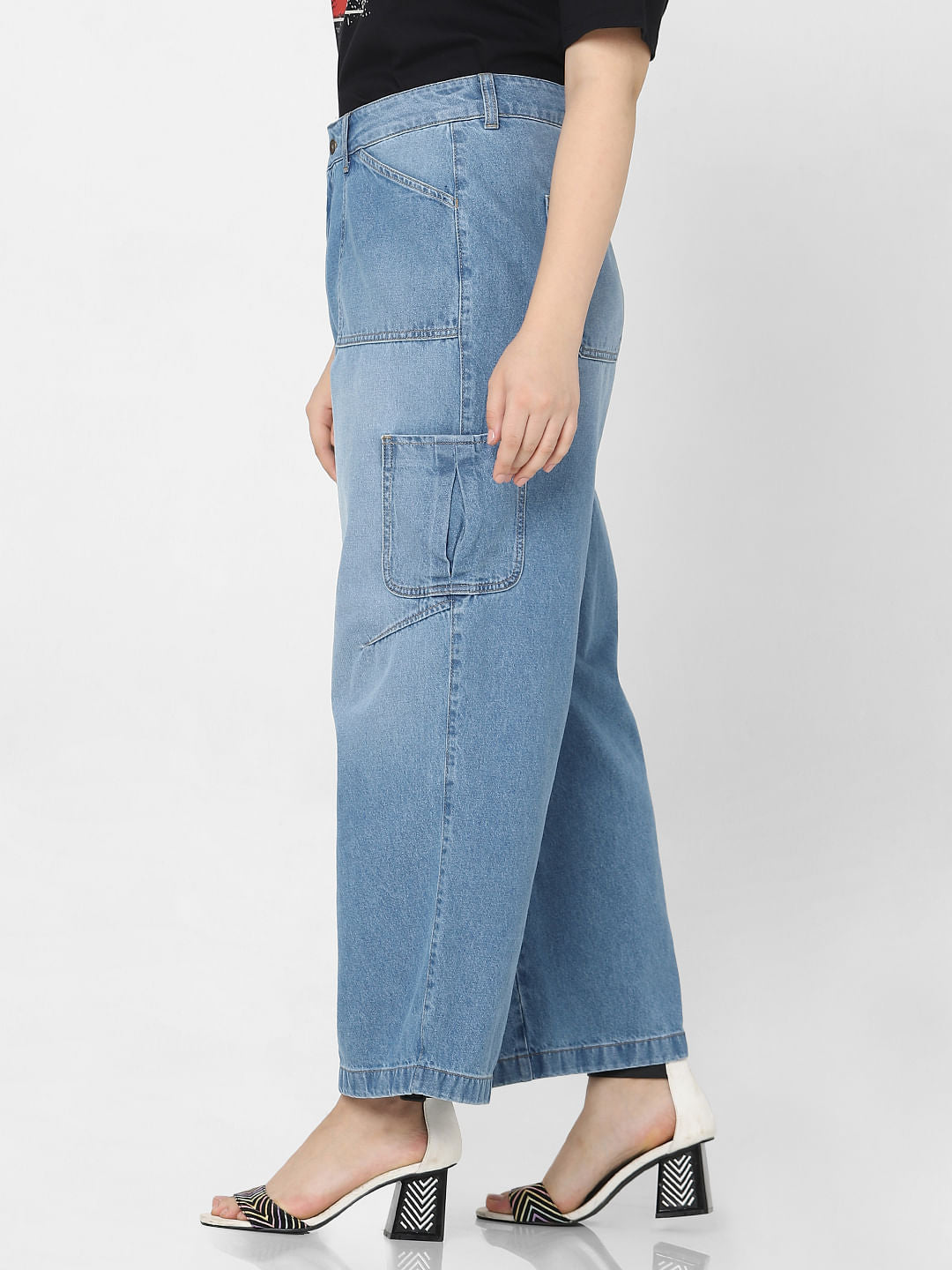 Curve Blue High Rise Cargo Wide Leg Jeans