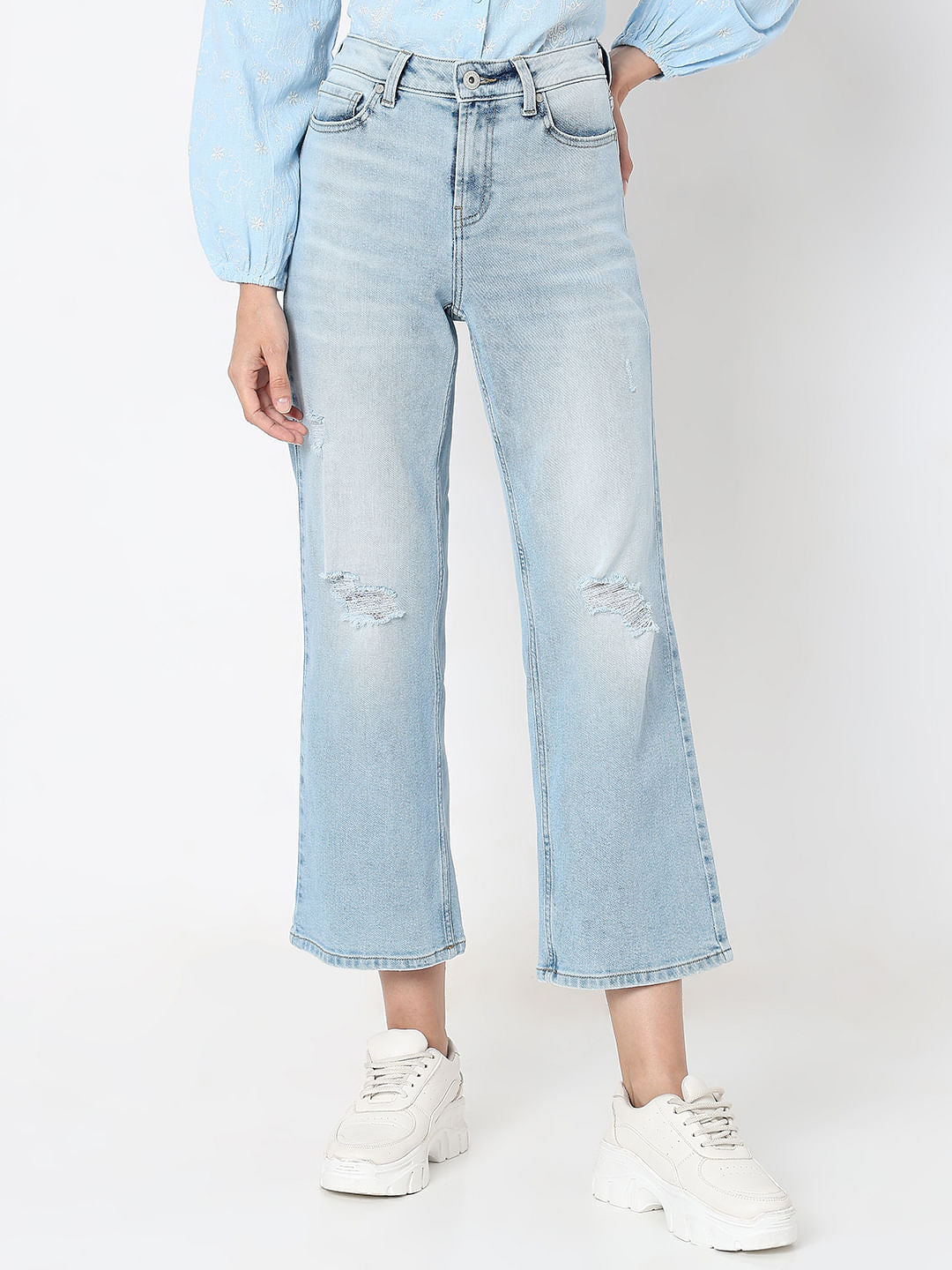 Light Blue High Rise Distressed Zoey Wide-Leg Jeans