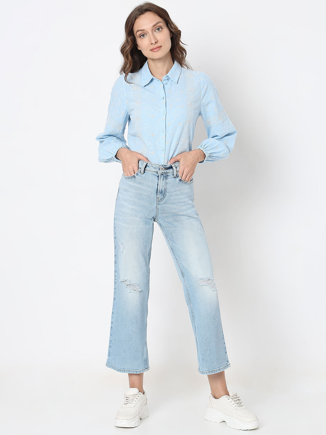 Light Blue High Rise Distressed Zoey Wide-Leg Jeans