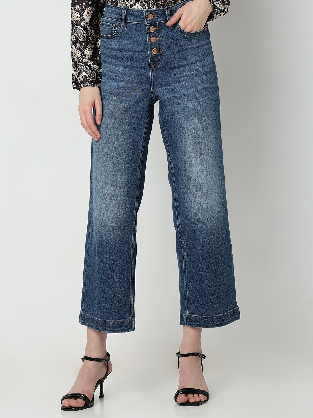 Blue High Rise Buttoned Zoey Wide-Leg Jeans