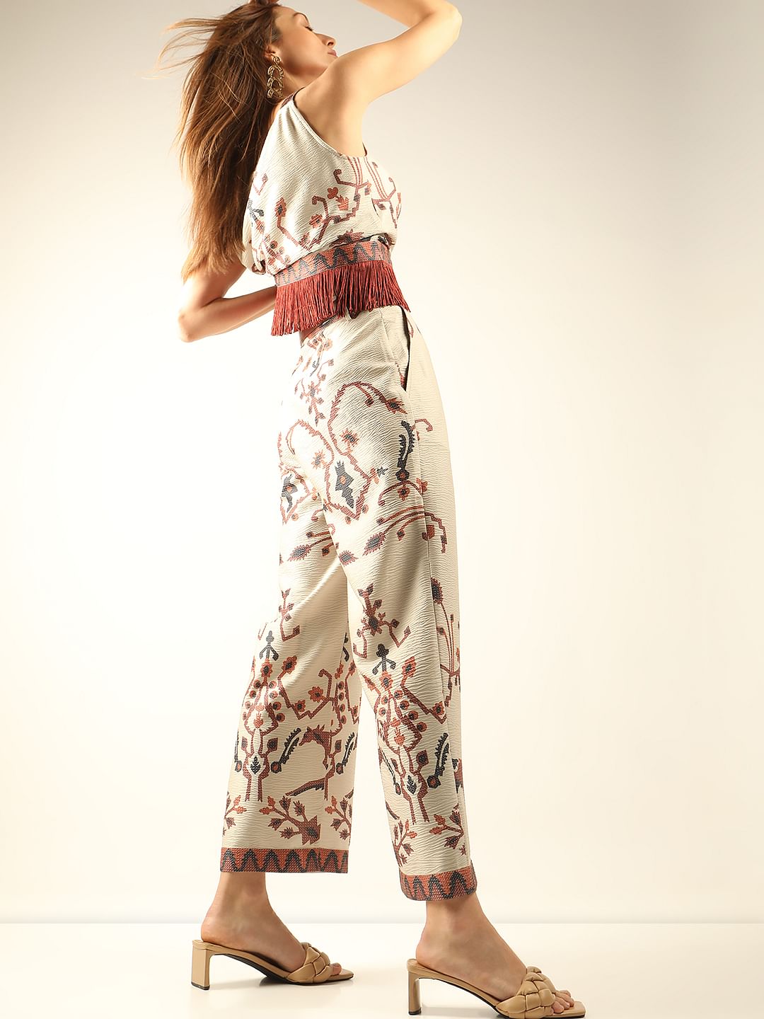 Beige High Rise Printed Co-Ord Set Pants