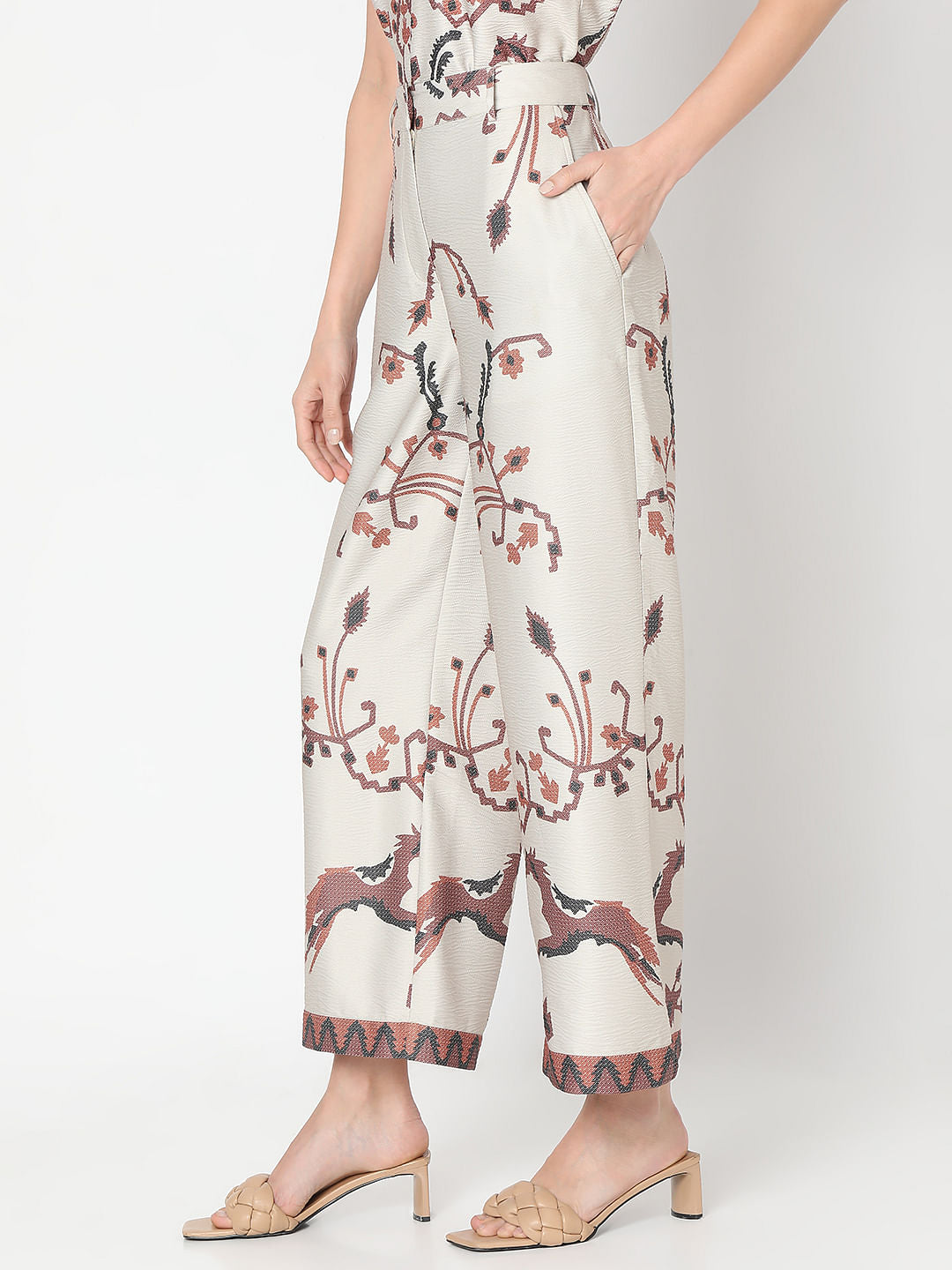Beige High Rise Printed Co-Ord Set Pants