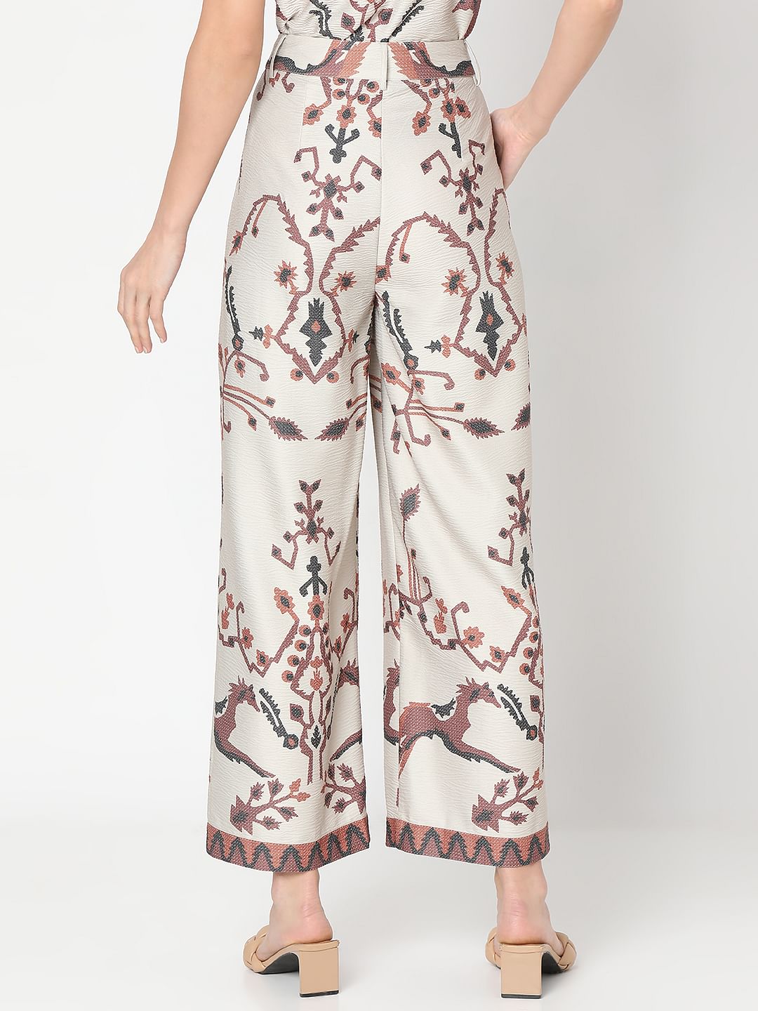Beige High Rise Printed Co-Ord Set Pants