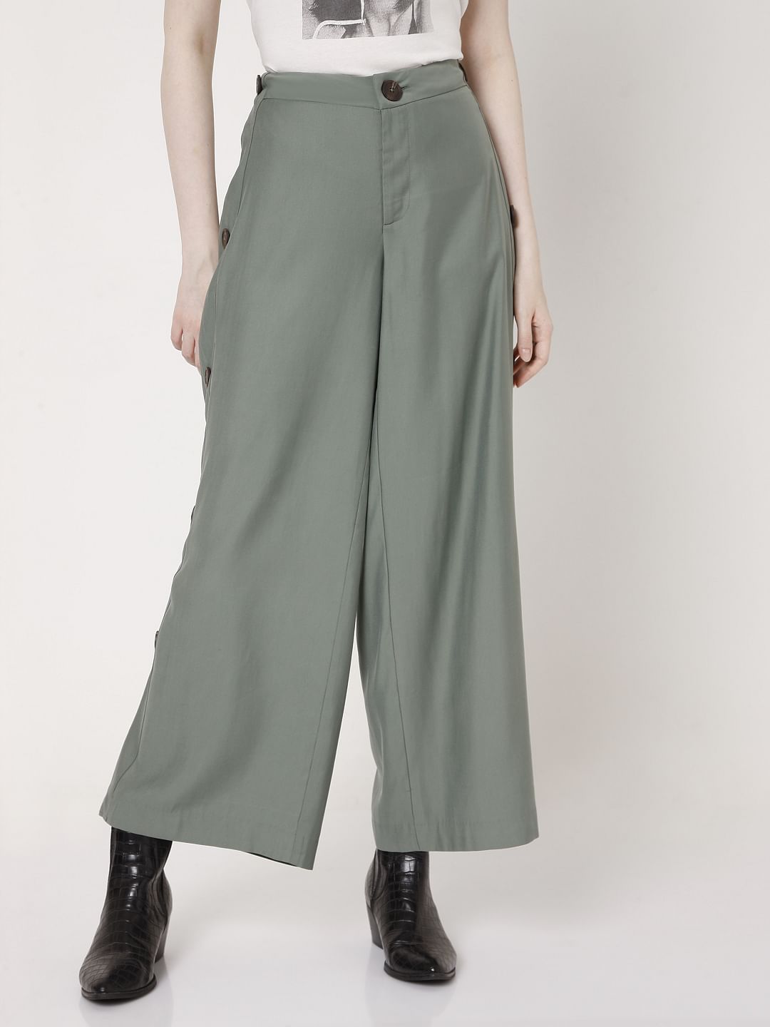 Olive Green Flared Slit Pants