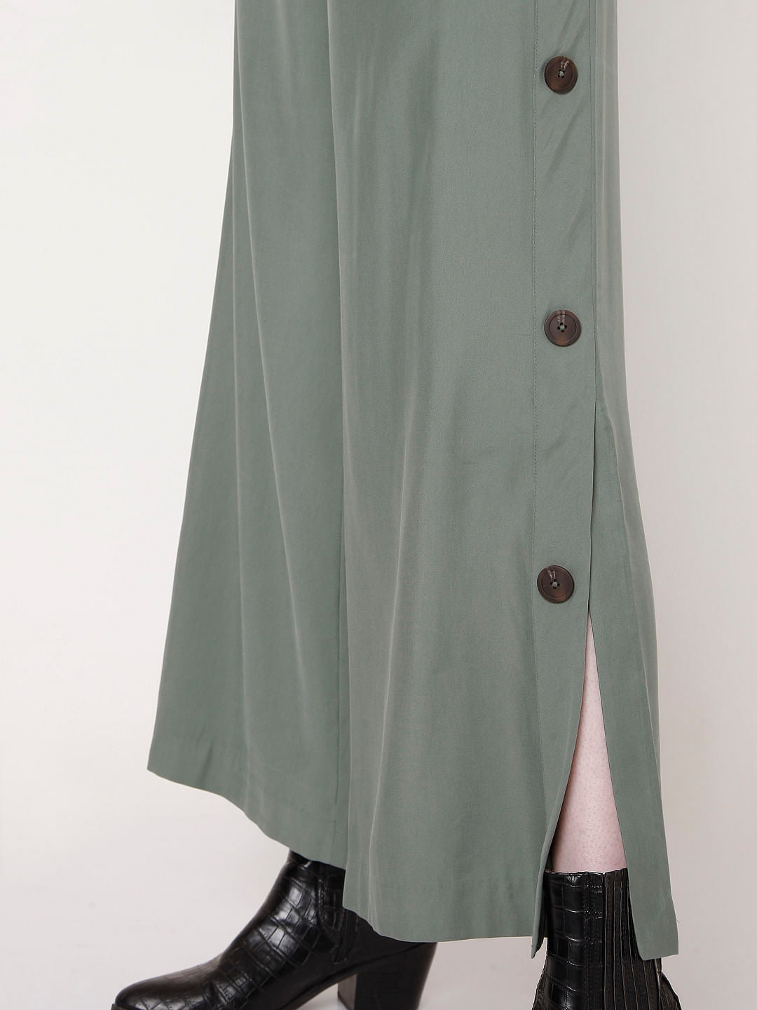 Olive Green Flared Slit Pants