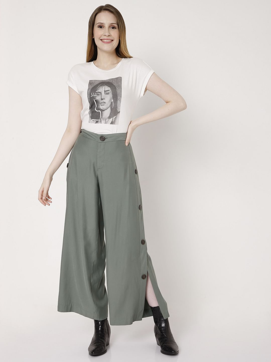Olive Green Flared Slit Pants