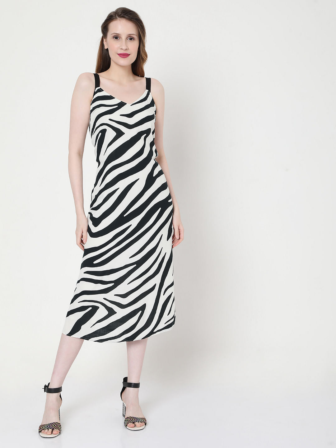 Monochrome Zebra Print Midi Dress