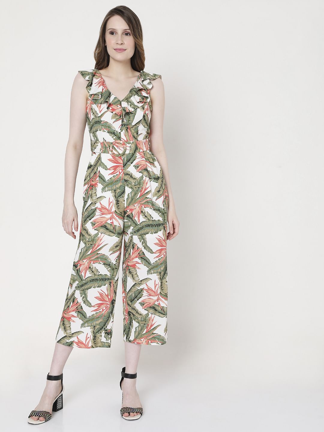 White & Green Tropical Print Jumpsuit