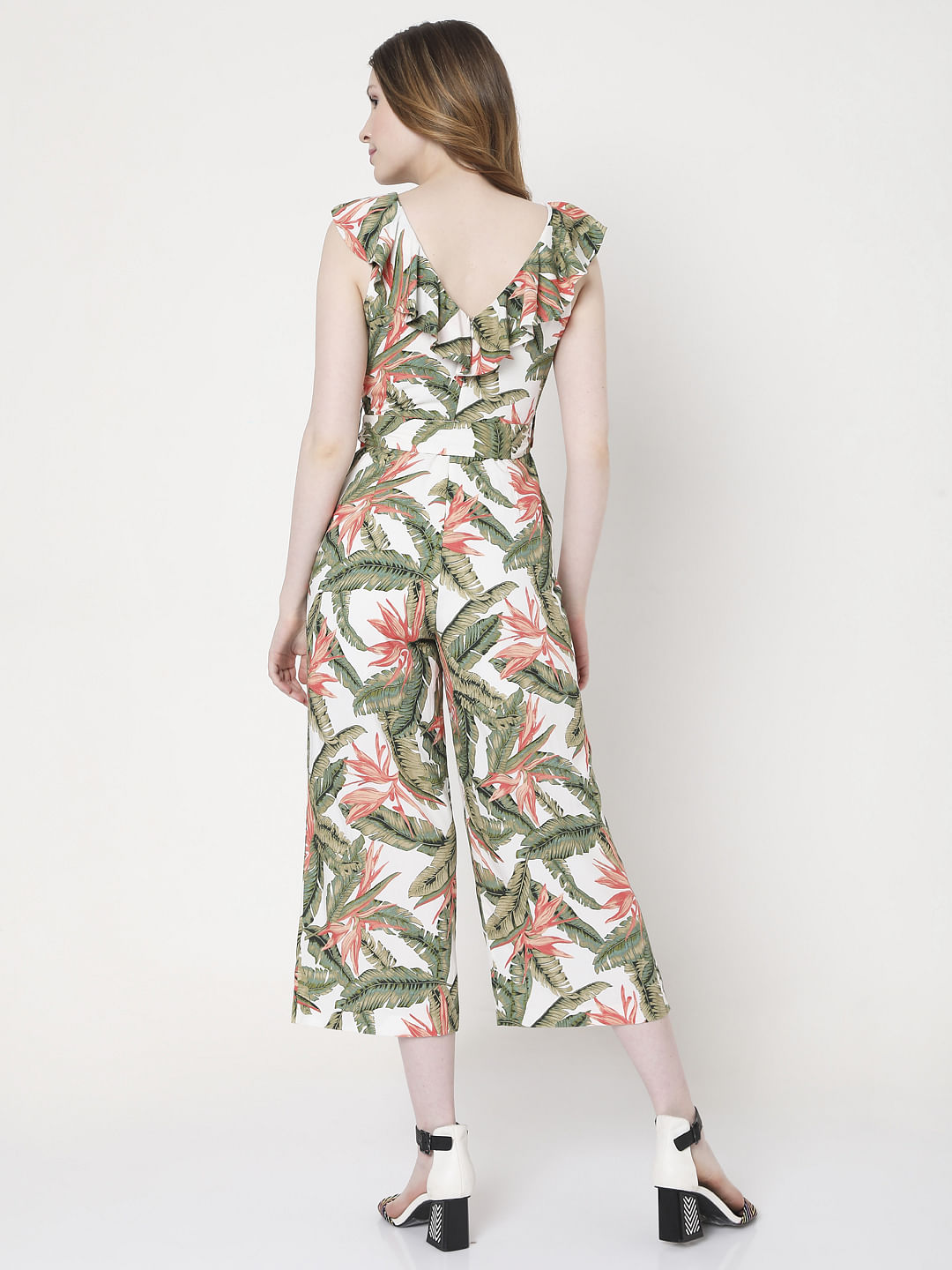 White & Green Tropical Print Jumpsuit